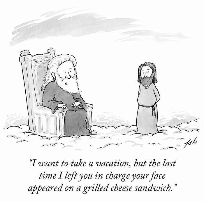 One-panel comic by Tom Toro showing a bearded man on a throne speaking to another about a grilled cheese sandwich.