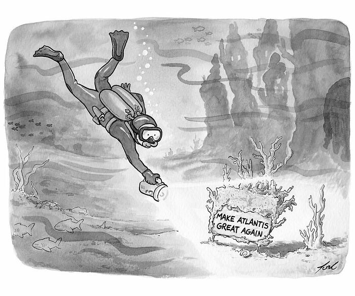 Underwater comic by Tom Toro showing a diver discovering a coral sign that says Make Atlantis Great Again.