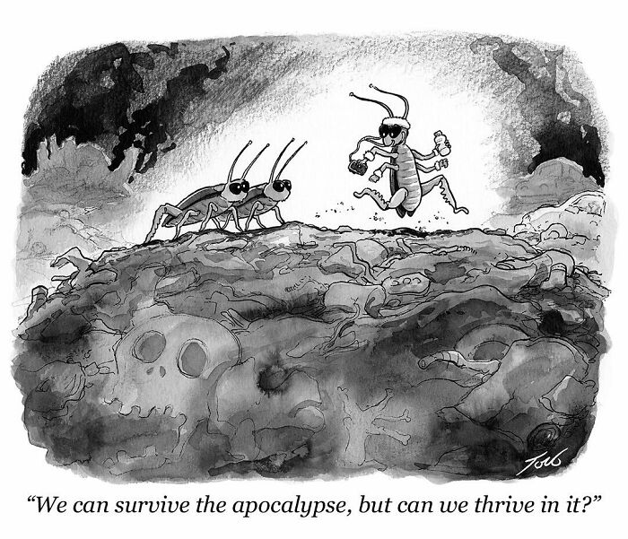 One-panel comic by Tom Toro showing insects on apocalyptic landscape questioning survival and thriving challenges.
