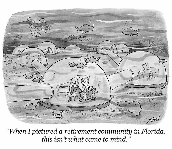 Underwater retirement community depicted in a quirky and clever one-panel comic by New Yorker cartoonist Tom Toro.