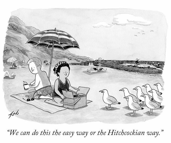 Beach scene with a couple and seagulls, quirky one-panel comic by New Yorker cartoonist Tom Toro in black and white.