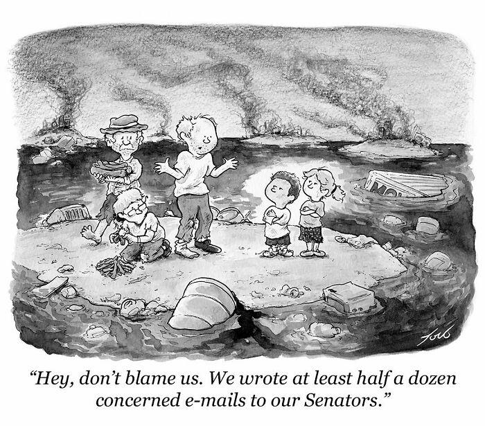 One-panel comic by New Yorker cartoonist Tom Toro showing kids on a polluted island debating responsibility.