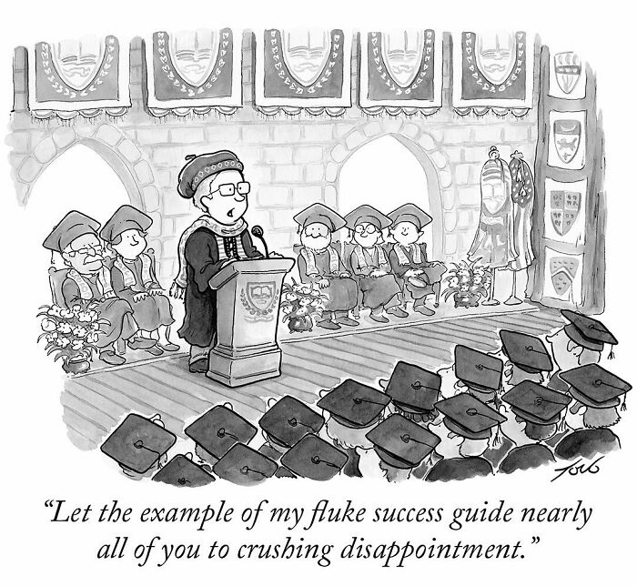 One-panel comic by New Yorker cartoonist Tom Toro showing a graduation speech with a humorous quote on success and disappointment.