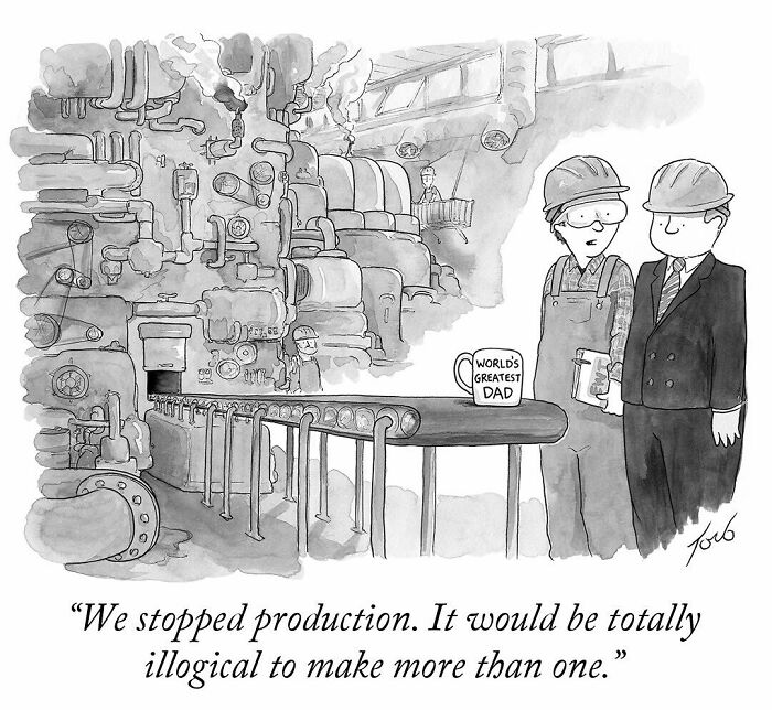 One-panel comic by New Yorker cartoonist Tom Toro showing a factory scene with two workers discussing production.