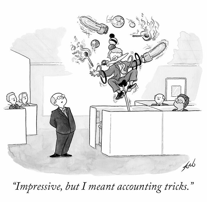 One-panel comic by Tom Toro showing a clown juggling flaming objects at an office meeting with surprised coworkers.