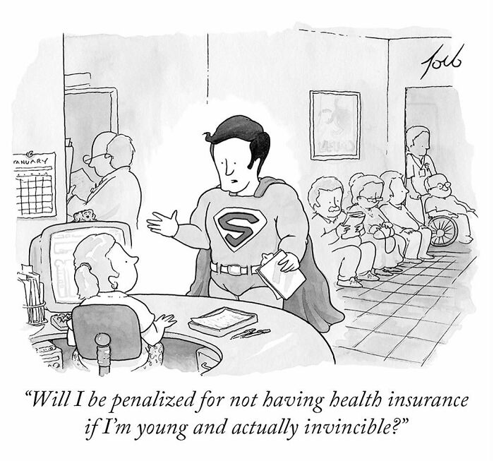 One-panel comic by Tom Toro showing a man in a superhero outfit asking about health insurance penalties.