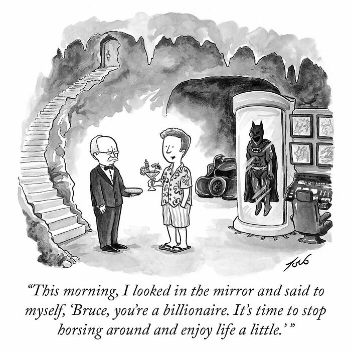 One-panel comic by New Yorker cartoonist Tom Toro showing a humorous scene in a secret cave with Batman memorabilia.