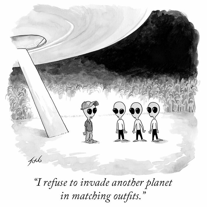 One-panel comic by New Yorker cartoonist Tom Toro shows aliens and a human discussing invading a planet in matching outfits.