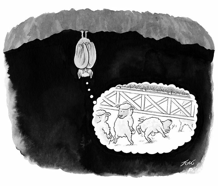 Bat hanging upside down imagining sheep crossing a bridge in a quirky one-panel comic by cartoonist Tom Toro.