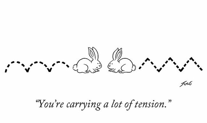 One-panel comic by Tom Toro showing two rabbits with contrasting hopping patterns and a caption about tension.