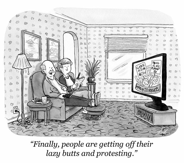Black and white one-panel comic by Tom Toro showing an older couple watching climate protest signs on TV in living room.