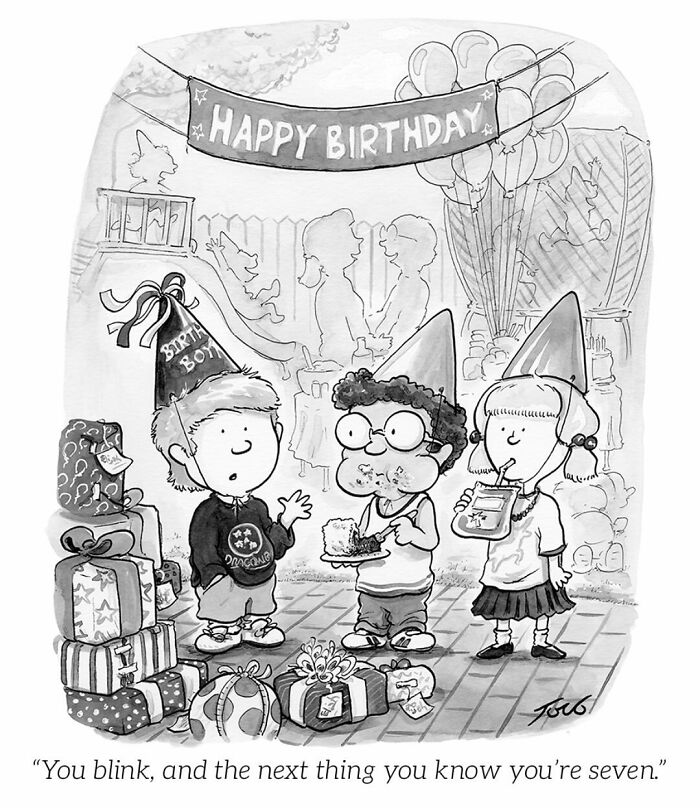Birthday party scene with kids and presents in quirky one-panel comic by New Yorker cartoonist Tom Toro.