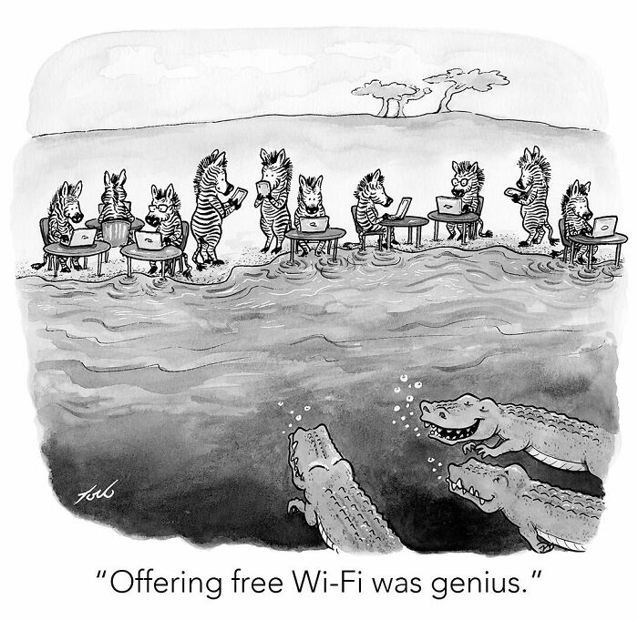 One-panel comic by New Yorker cartoonist Tom Toro showing zebras using laptops near water with alligators below.