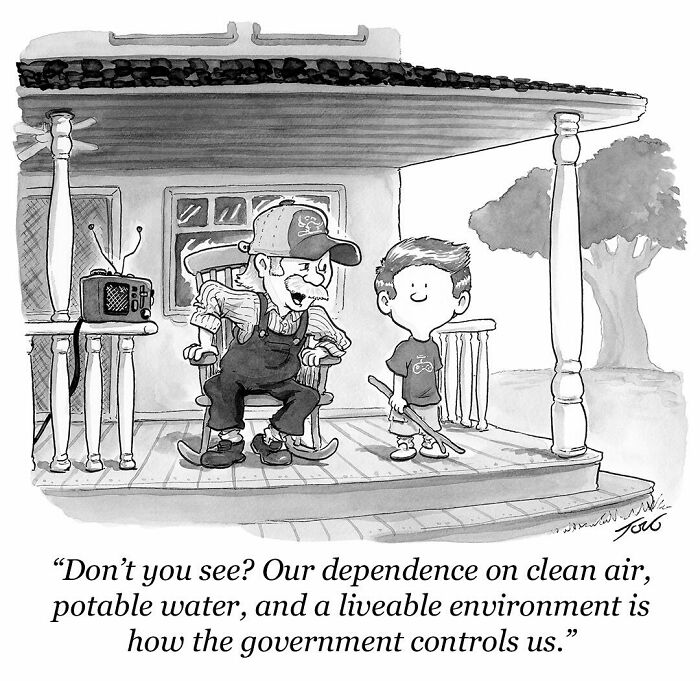 One-panel comic by New Yorker cartoonist Tom Toro showing an elderly man and a boy discussing government control.