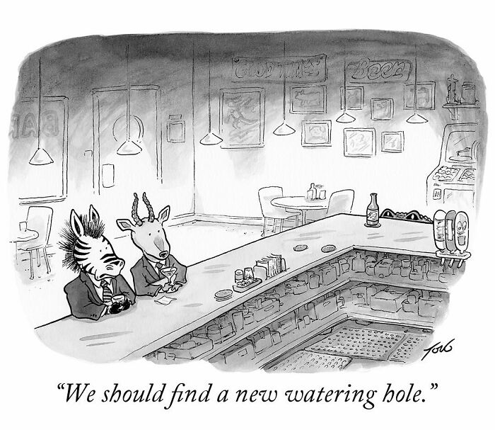 Two animals in suits at a bar in a quirky New Yorker one-panel comic by cartoonist Tom Toro.