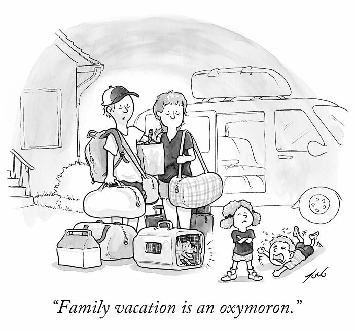 One-panel comic by Tom Toro showing a family stressed during vacation with kids and packed bags by a van.