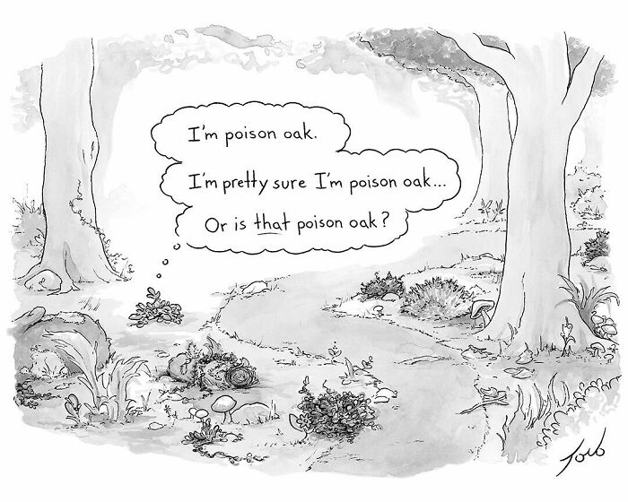 One-panel comic by New Yorker cartoonist Tom Toro showing a plant unsure if it is poison oak in a forest setting.