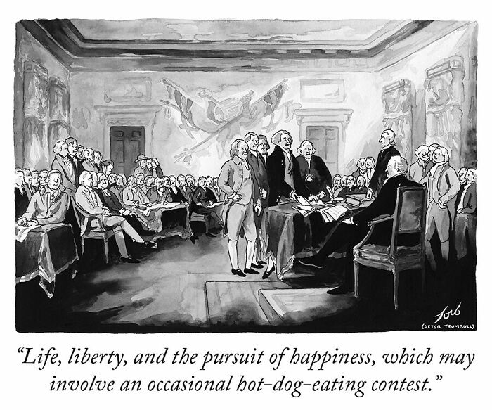 Black and white one-panel comic by Tom Toro showing historical figures in a meeting with a humorous caption on liberty and hot-dog contests.