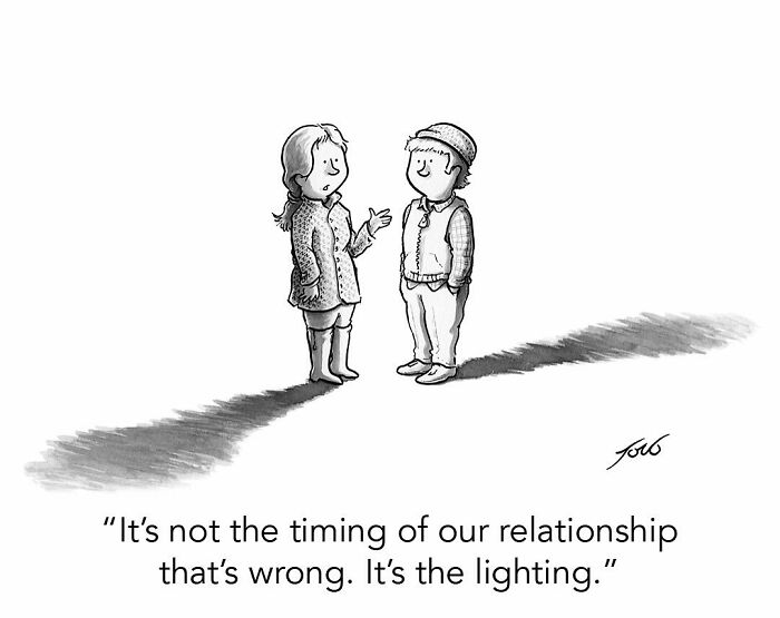 One-panel comic by New Yorker cartoonist Tom Toro showing a couple discussing relationship timing and lighting.