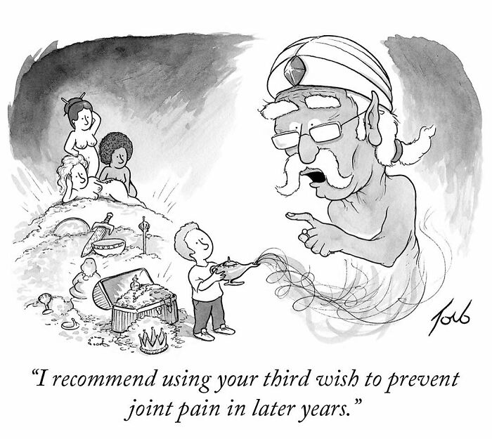 One-panel comic by Tom Toro showing a genie advising a man to use his wish to prevent joint pain.