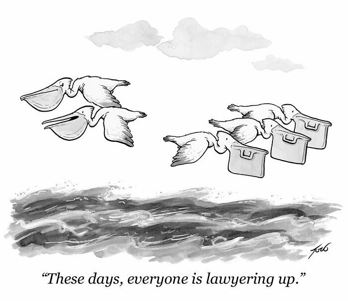 Black and white one-panel comic by Tom Toro showing pelicans flying with briefcases, illustrating a quirky legal joke.
