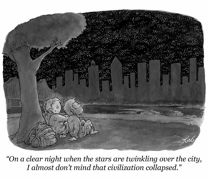 Black and white one-panel comic by Tom Toro showing two people sitting under a tree, stars twinkling over a city skyline at night.
