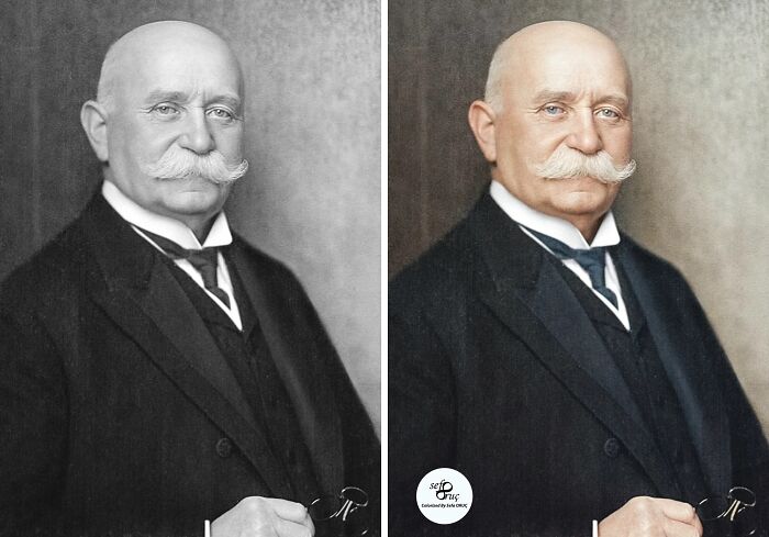 Side-by-side black and colorized historical pictures of an elderly man with a mustache in a dark suit offering a new perspective.
