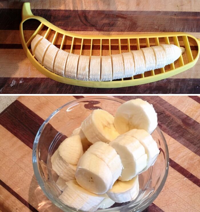 Banana slicer kitchen invention cutting banana evenly into pieces, demonstrating weird kitchen inventions that make sense.