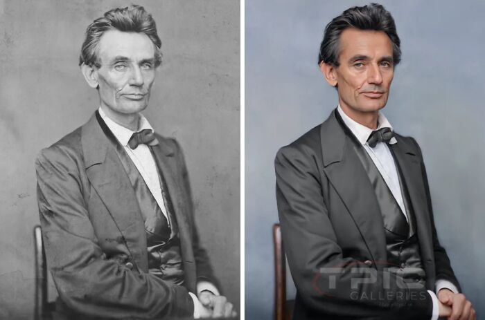 Split image showing a black and white historical picture alongside a colorized version offering a new perspective.