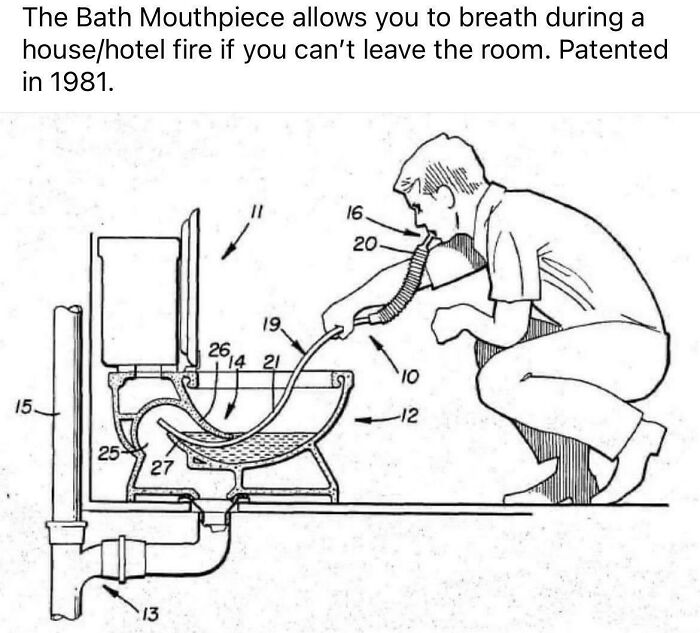 Diagram of the Bath Mouthpiece device allowing breathing during a house fire, one of the extraordinary things people saw.