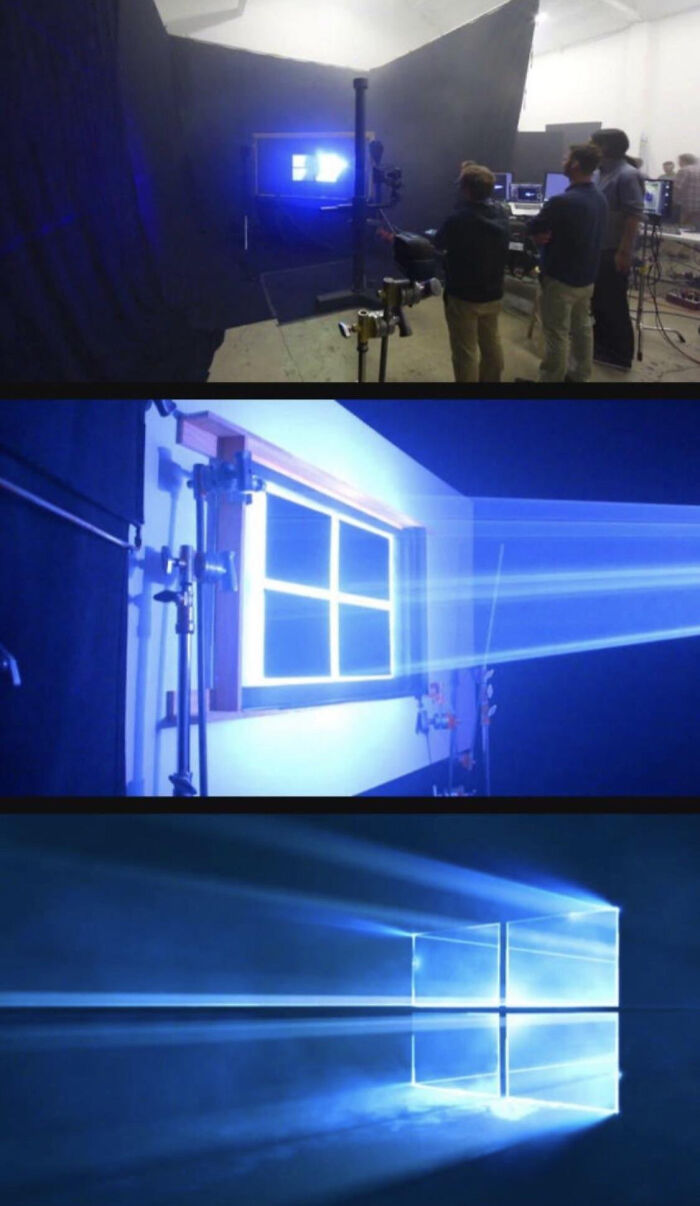 Behind the scenes of creating extraordinary and fascinating light effects resembling a glowing window projection in a studio setup.