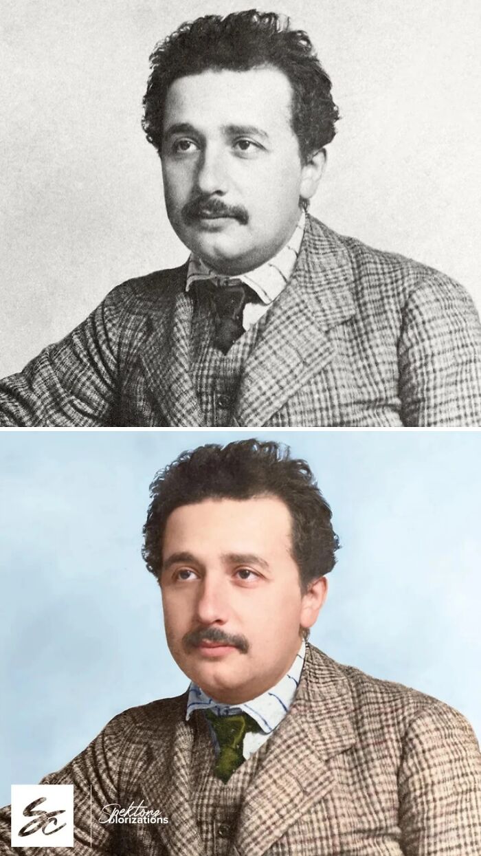 Black and white and colorized historical pictures of a man in a suit, showcasing a new perspective on history.