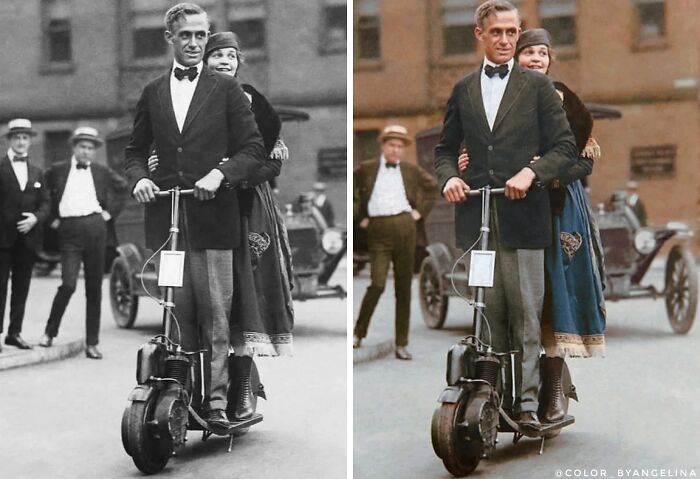 Black and white and colorized historical pictures showing a couple riding an early motorized scooter on a city street.