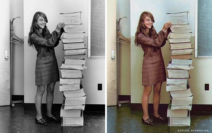 Side-by-side black and colorized historical pictures of a woman standing next to a tall stack of papers.