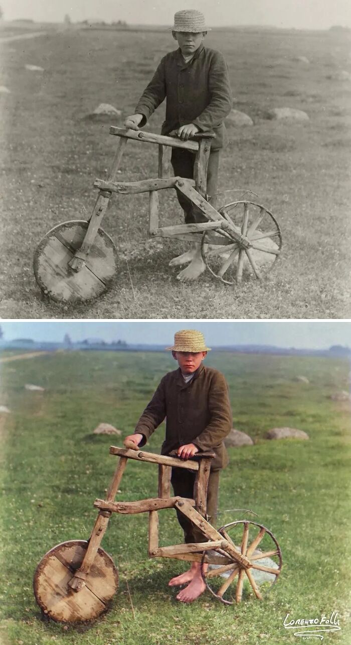 Boy standing barefoot with a handmade wooden bike, shown in black and white and colorized historical pictures.