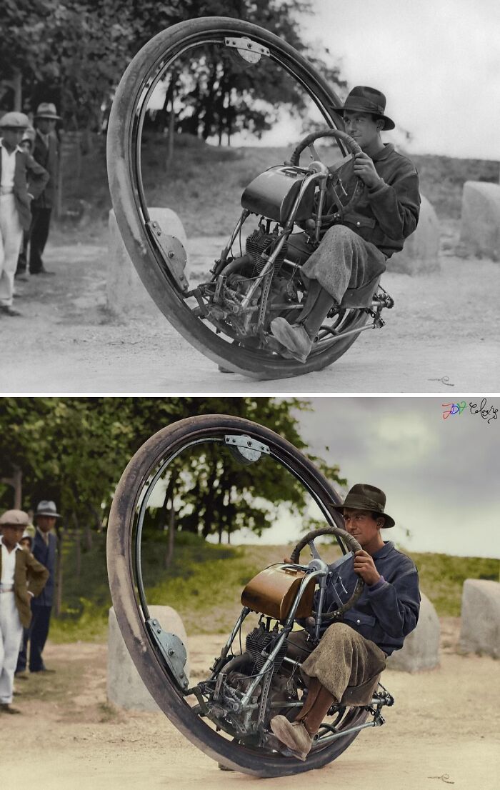 Man riding a vintage monowheel motorcycle with onlookers in black and white and colorized historical pictures.