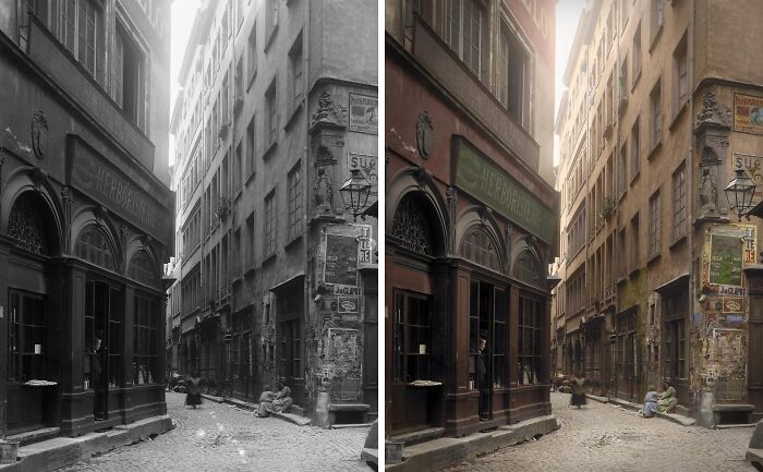 Narrow historical city street shown in black and white and colorized versions, offering a new perspective.
