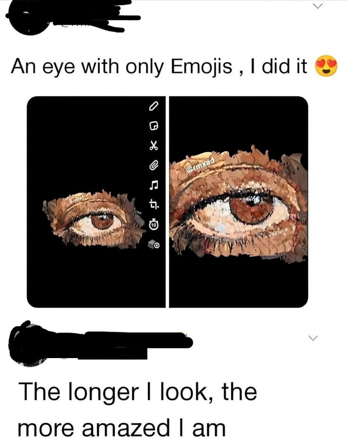 A detailed eye created entirely with emojis on a black background, showcasing extraordinary and fascinating artwork.
