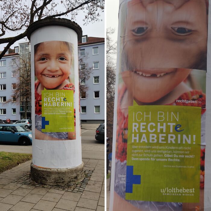 Street advertisement pillar featuring a child's photo with text highlighting unattainable body ideals in advertising fails.