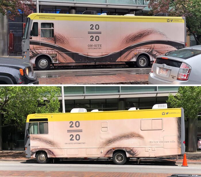 Bus wrapped with large close-up eyes advertise on-site optometry, showcasing an unusual and unattainable body portrayal in advertising.