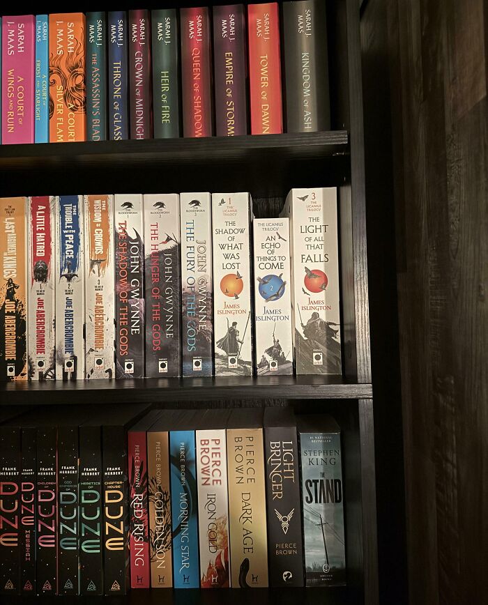 Books neatly arranged on a dark wooden bookshelf, showcasing various titles that might annoy people with OCD.