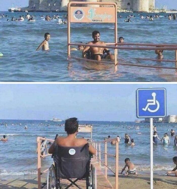 Man in wheelchair using beach accessibility ramp surrounded by people swimming, showcasing extraordinary and fascinating things seen.