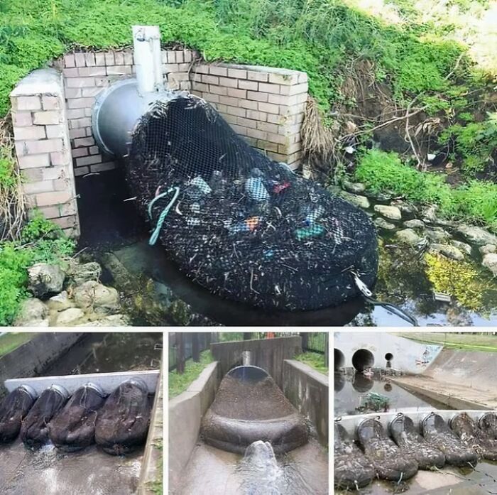 Mesh nets trapping debris and trash in stormwater drains, showing extraordinary and fascinating things people saw.