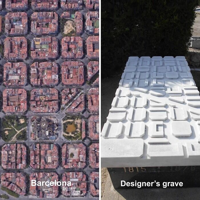 Aerial view of Barcelona’s unique city blocks paired with a modern designer’s grave featuring geometric shapes.