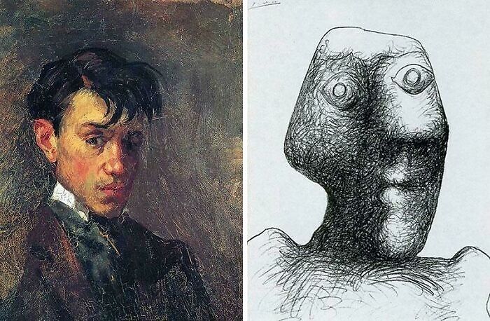 Side-by-side images showing an extraordinary artistic self-portrait and a fascinating abstract face sketch.