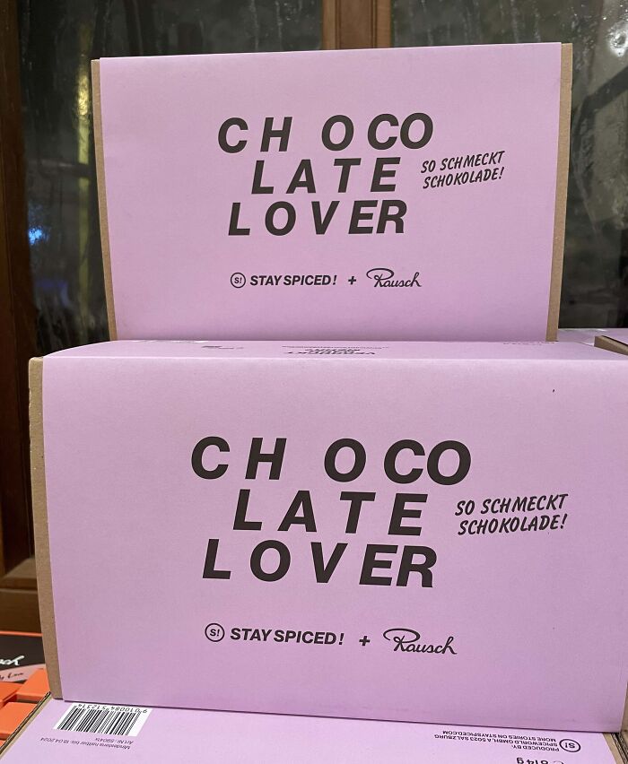 Chocolate lover packaging with imperfect text alignment, a detail that might annoy people with OCD tendencies.