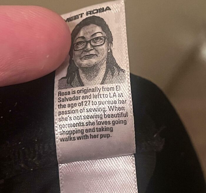 Clothing label with a portrait and biography, one of the mildly interesting finds people just had to share.