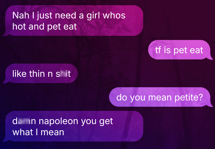 Text message conversation showing several typos like "pet eat" instead of petite, highlighting common errors that question intelligence.