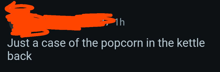 Screenshot of a social media typo saying Just a case of the popcorn in the kettle back, illustrating funny mistakes.