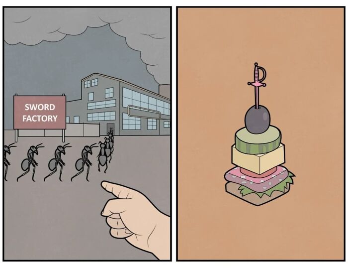 Absurd comic showing ants leaving a sword factory and stacking sandwich ingredients, satirizing society by Anton Gudim.